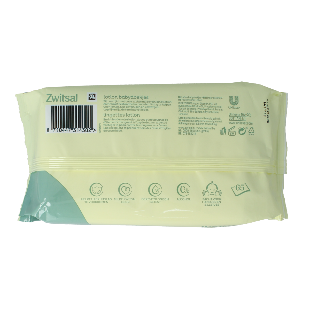 Baby wipes in a Zwitsal lotion packaging, 65-count pack, gentle and soothing for delicate skin, baby care product.