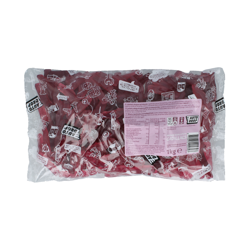 Autodrop Cadillacs snoepgoed in 1 kilogram bag, colorful candy pieces with fruity flavors and a glossy finish.