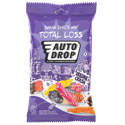 Autodrop Smaak Chaos Mix snack pack with assorted colorful candy pieces, 85 grams, Autodrop branded snoepgoed.
