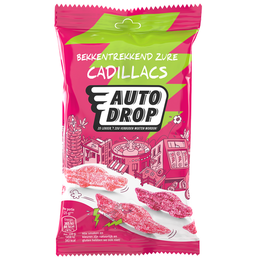 Autodrop Bekkentrekkend zure Cadillacs snackpack, 85g, sour candy in colorful packaging, chewy and tangy sweets.