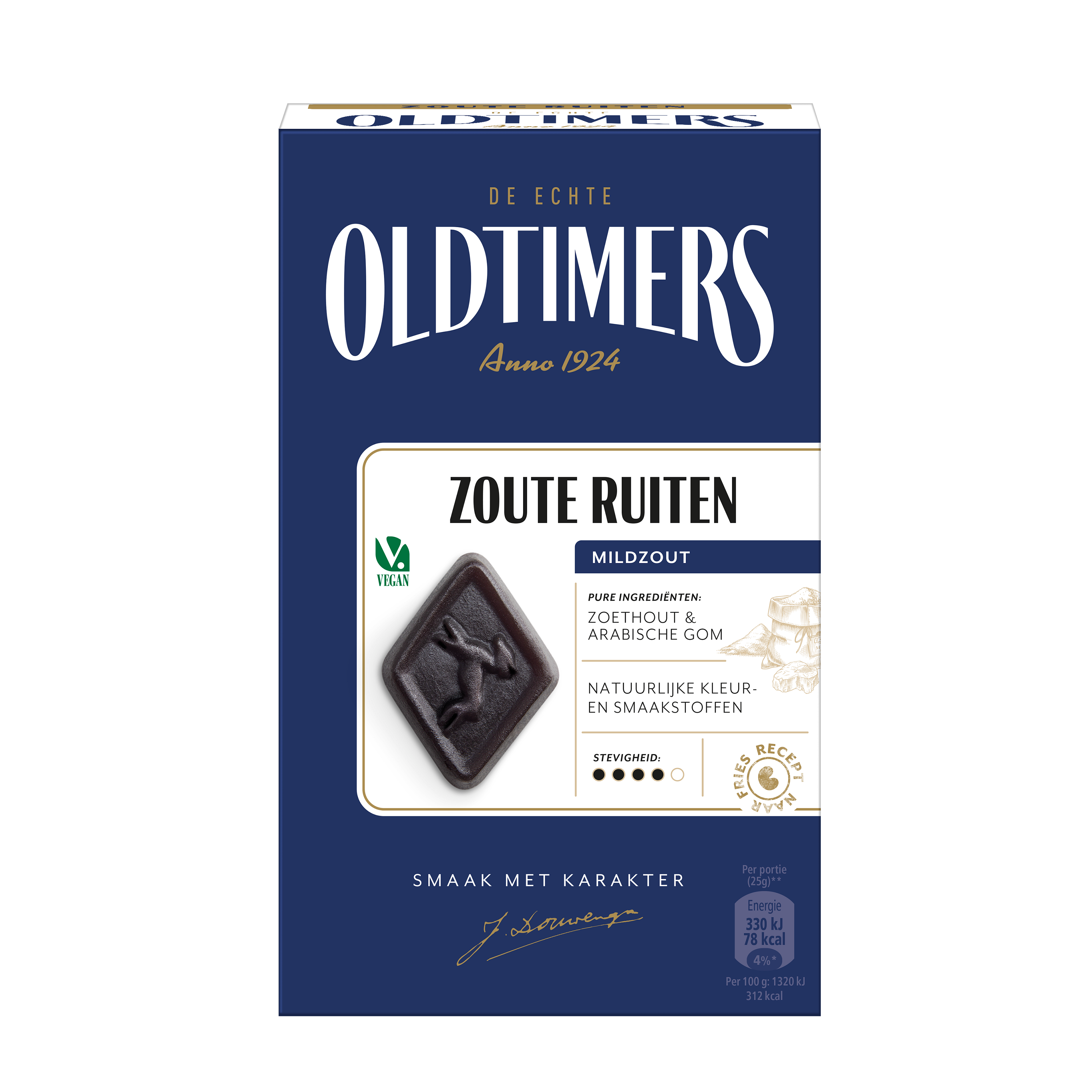 Oldtimers Zoute Ruiten snoepgoed, 235g, featuring salted caramel and nougat pieces in colorful packaging.
