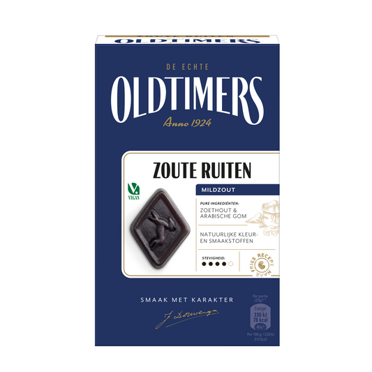 Oldtimers Zoute Ruiten snoepgoed, 235g, featuring salted caramel and nougat pieces in colorful packaging.