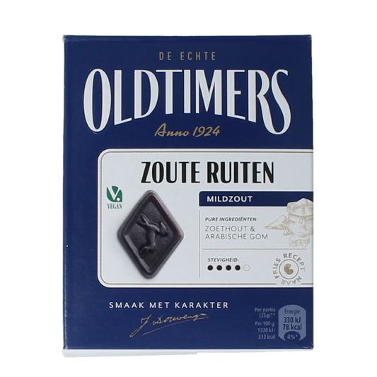 Oldtimers Hindelooper ruitjes snoepgoed with 185g weight, featuring colorful fruit-shaped candies in a clear package.