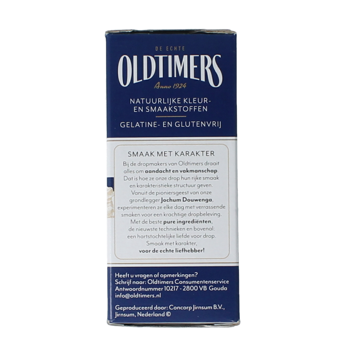 Oldtimers Hindelooper ruitjes snoepgoed in 185g package, colorful Dutch candies with fruit shapes and vibrant wrappers.