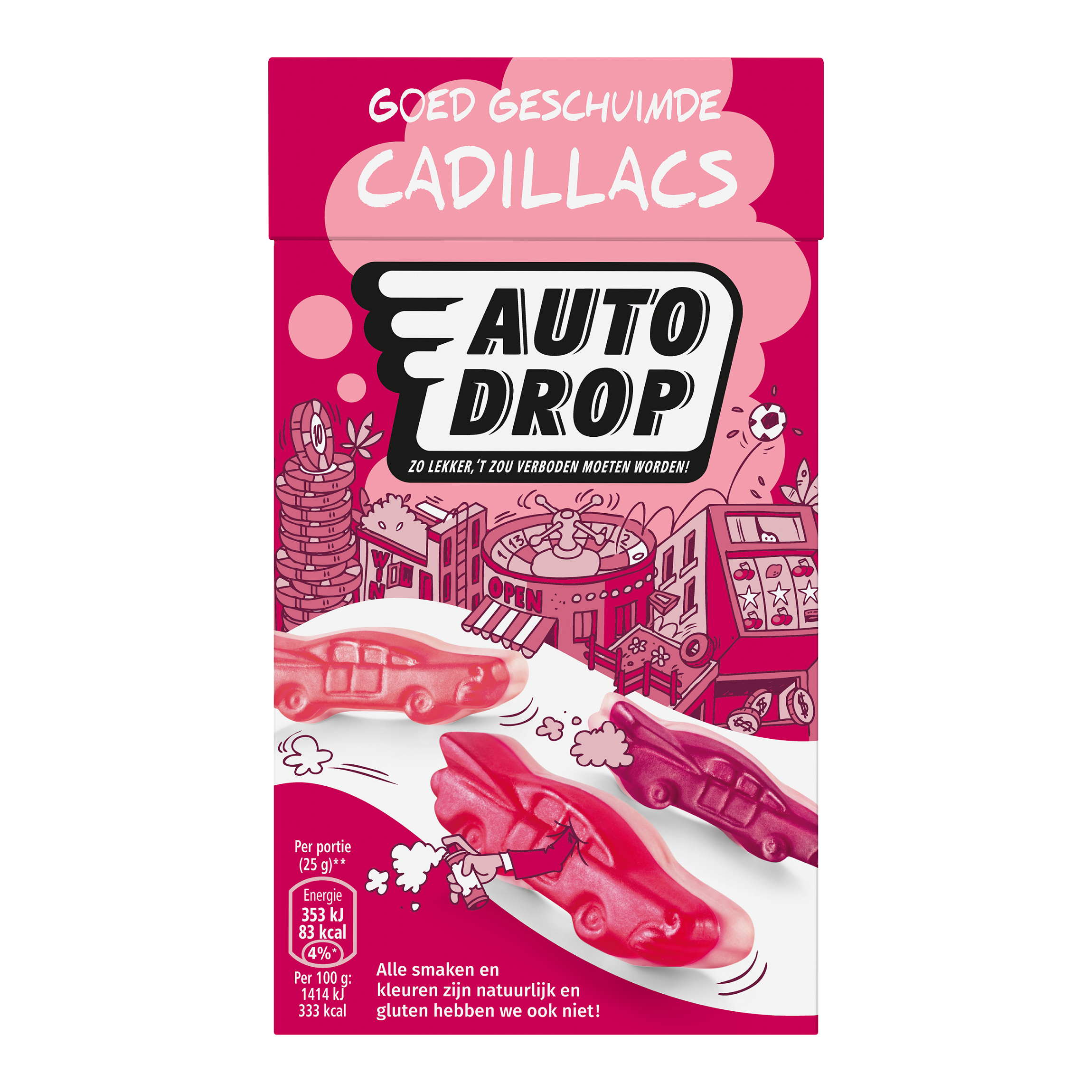 Autodrop Goed geschuimde Cadillacs snoepgoed in 235 gram verpakking, colorful foam candies with Autodrop branding.