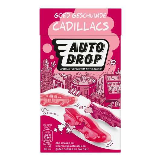 Autodrop Goed geschuimde Cadillacs snoepgoed in 235 gram verpakking, colorful foam candies with Autodrop branding.