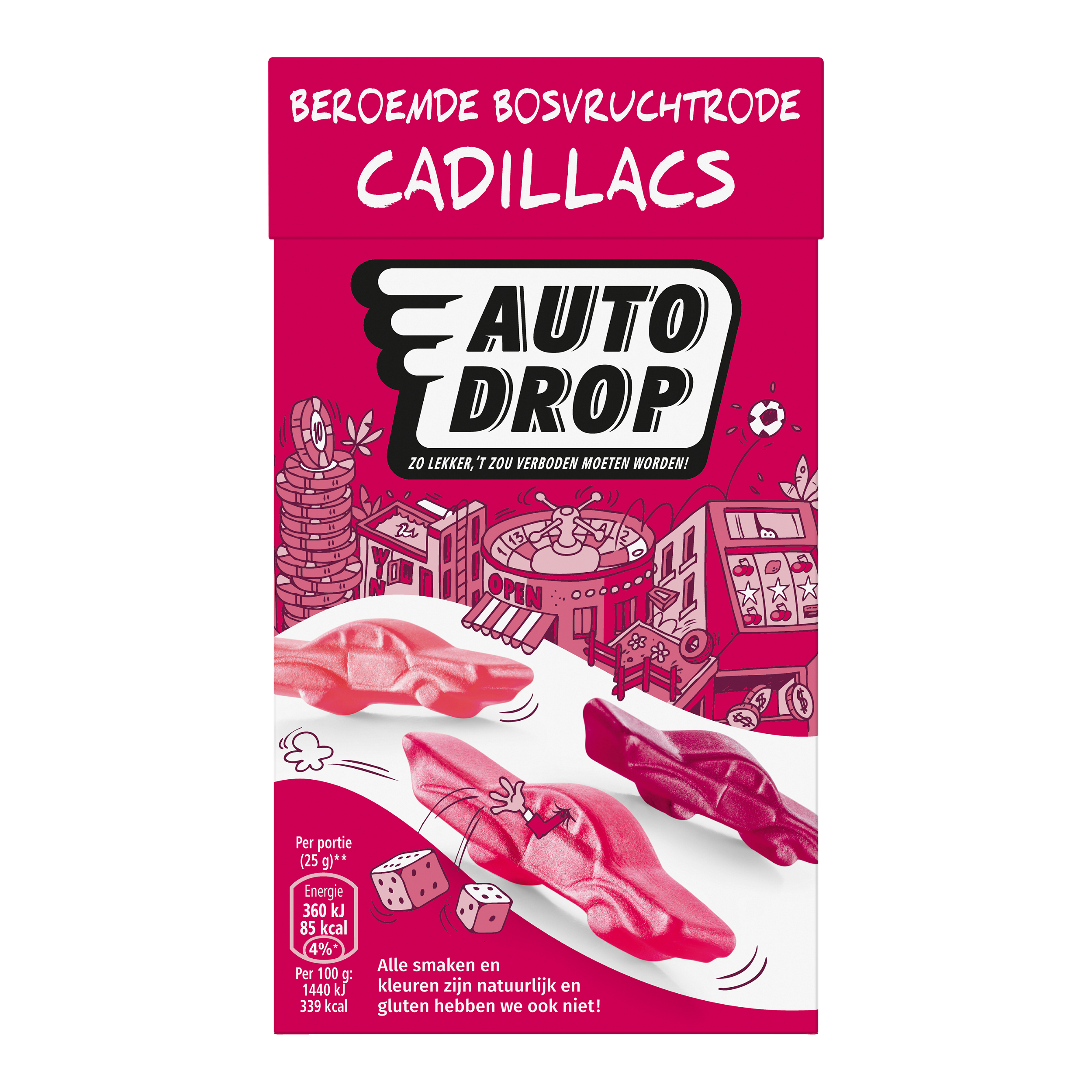 Autodrop Bosvruchtrode Cadillacs snoepgoed in 280 grams, with colorful fruit-flavored candies in a clear bag.