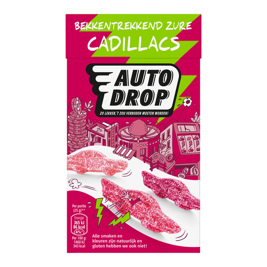 Autodrop Bekkentrekkend zure Cadillacs snoepgoed, 270 grams, showing colorful candies in a clear bag.