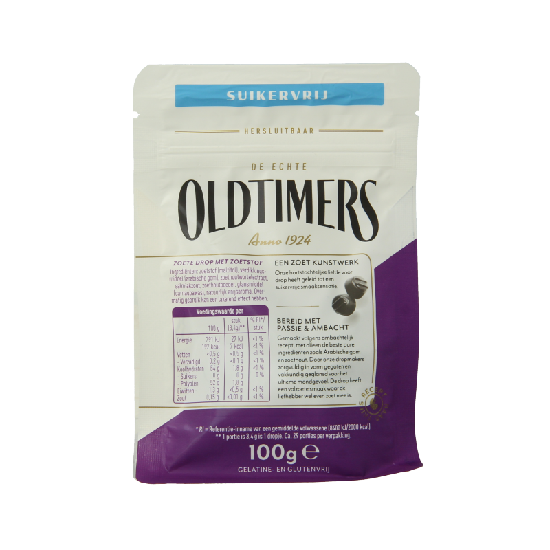 Oldtimers Zoete bolletjes suikervrij snoepgoed in 100 gram package, colorful sugar-free candy balls.