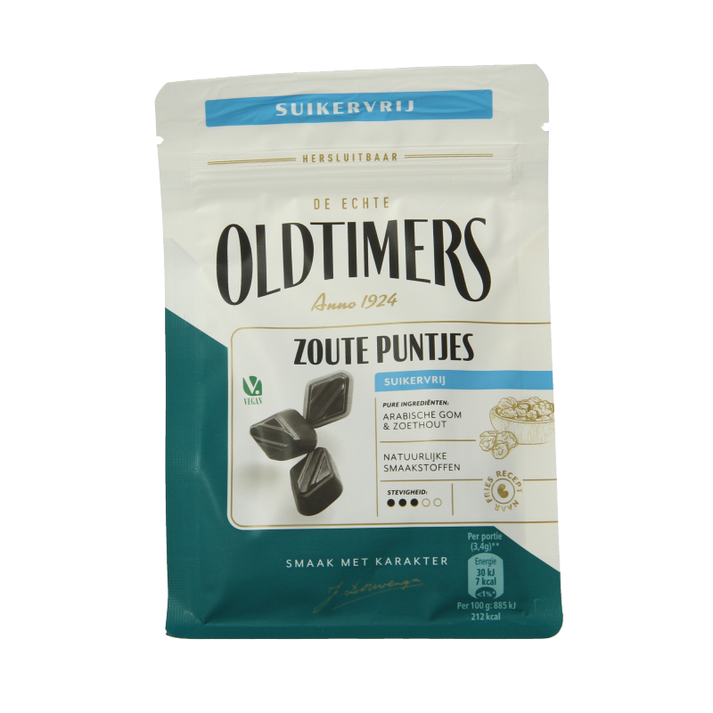 Oldtimers Zoute Puntjes sugar-free candy in 100g package, featuring salty licorice-flavored chewy sweets.