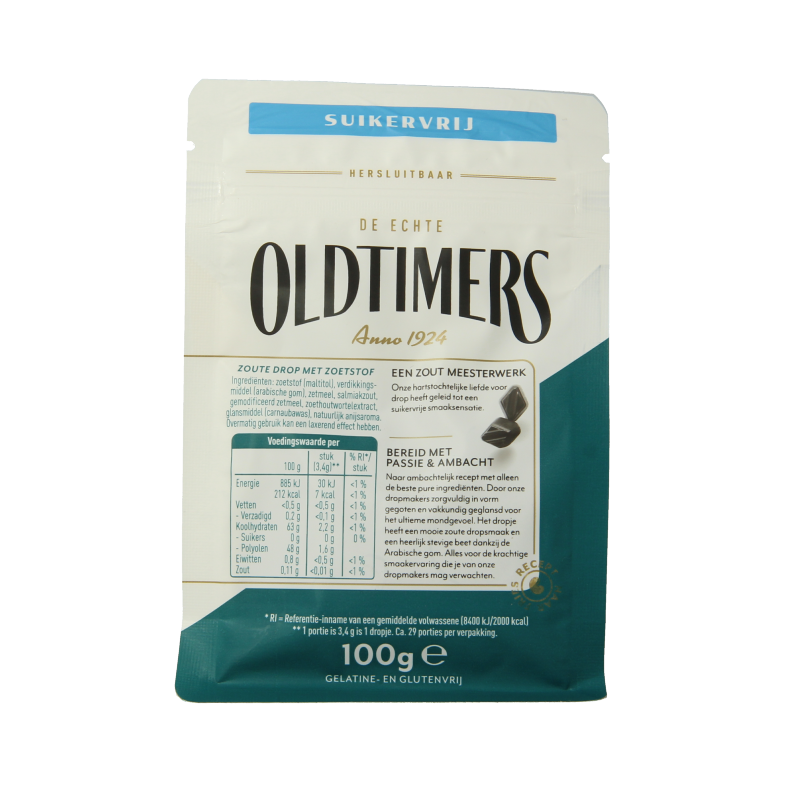 Oldtimers Zoute Puntjes sugar-free candy in 100g package with salted licorice flavor, shown in front of a plain background.