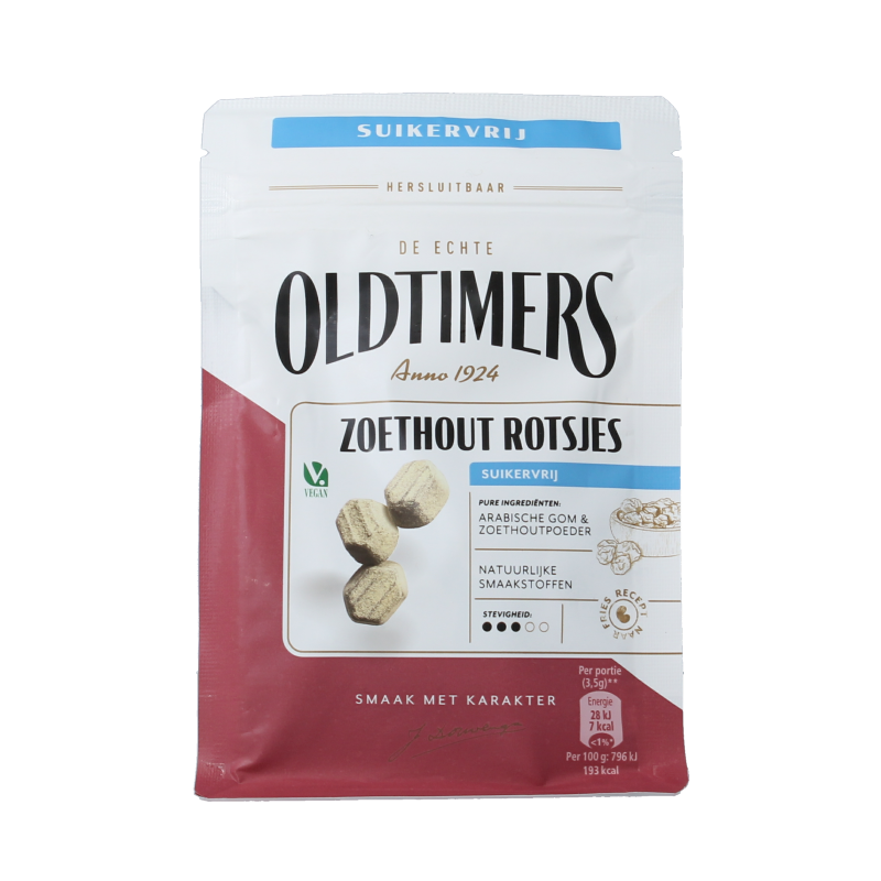 Oldtimers Zoethout rotsjes, 100g, traditional licorice candies from Oldtimers, showing glossy brown licorice pieces on the package