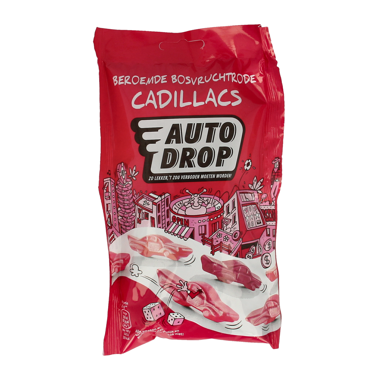 Autodrop Rode Cadillacs bosvruchten snoepgoed in 150g package, colorful fruit-flavored candies from Autodrop.