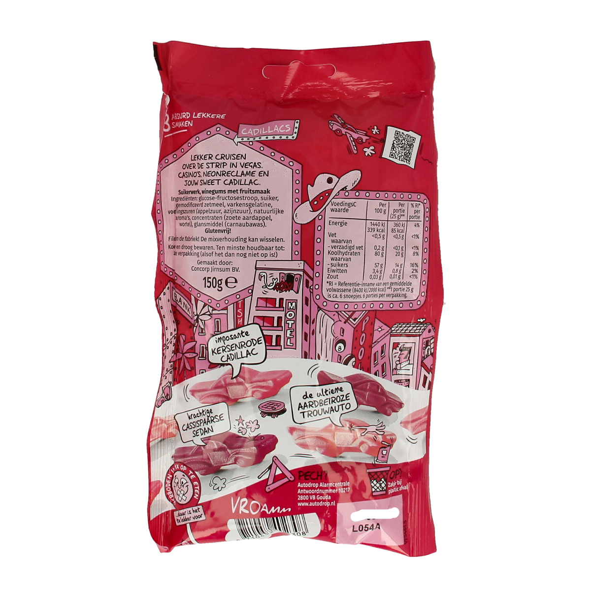 Autodrop Rode Cadillacs snoepgoed in 150g package with colorful, fruit-flavored candies in a clear bag.