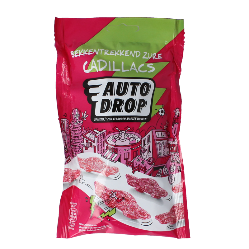 Autodrop Cadillacs absurd zuur snoepgoed in 150 gram bag showing colorful, sour candies with vibrant packaging.