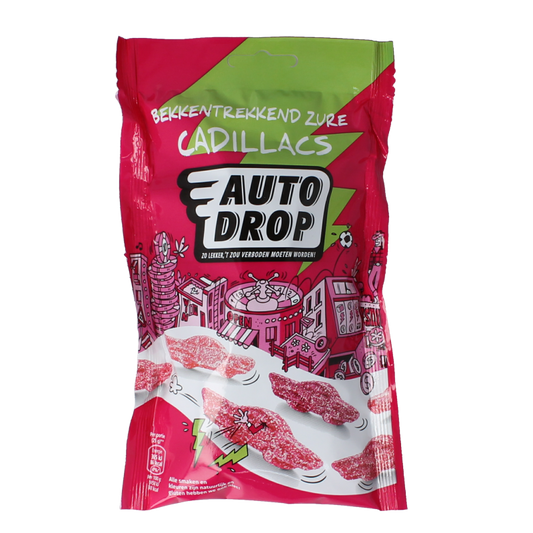 Autodrop Cadillacs absurd zuur snoepgoed in 150 gram bag showing colorful, sour candies with vibrant packaging.