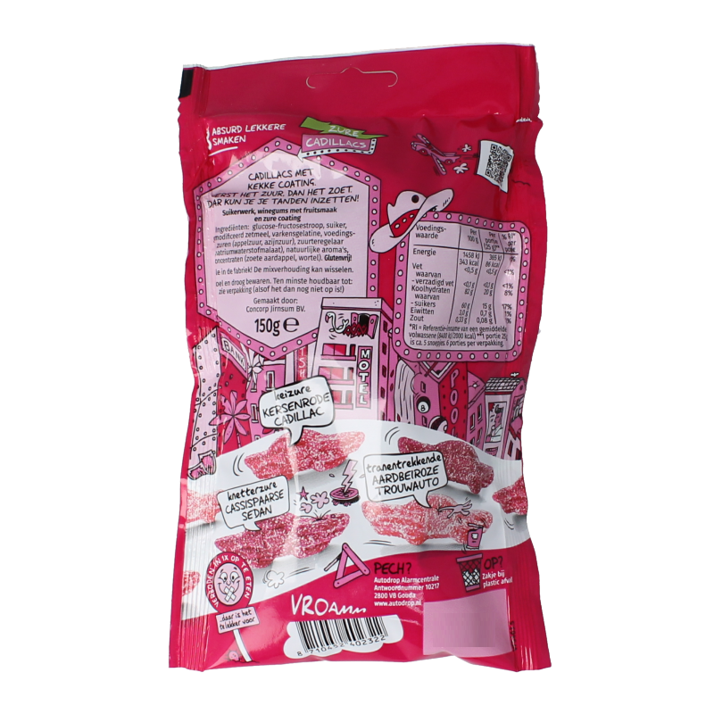 Autodrop Cadillacs absurd zuur sour candies in 150g bag, colorful chewy sweets with a tangy flavor.