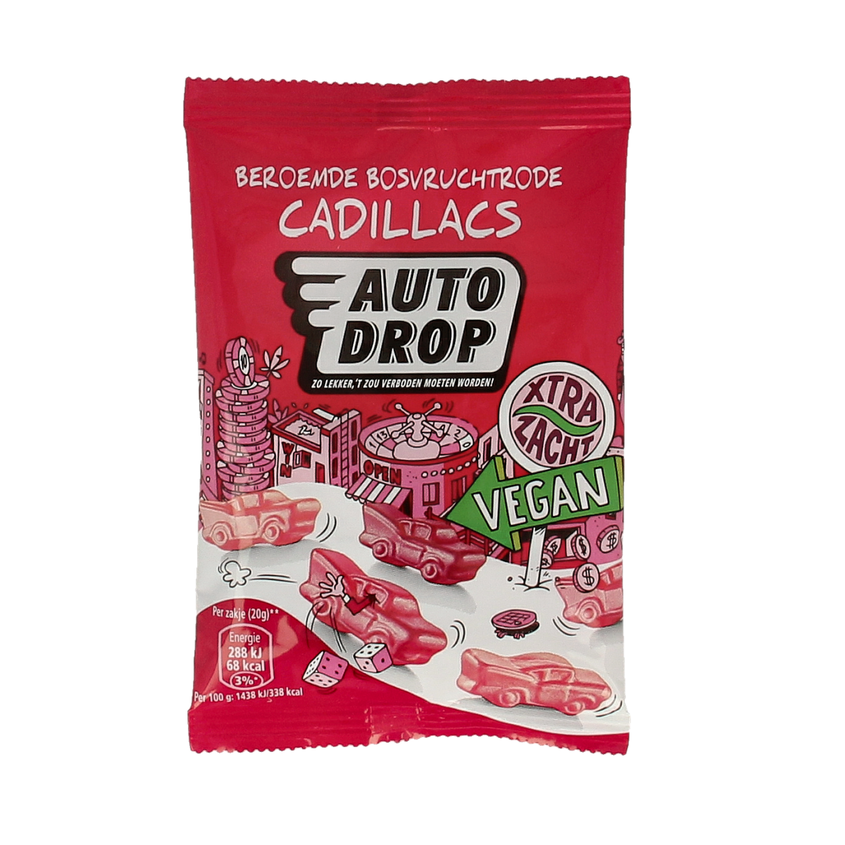 Autodrop Cadillacs vegan candy in 20g pack, colorful chewy sweets with a fruity flavor, shown in the image.