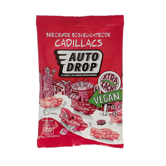 Autodrop Cadillacs vegan candy in 20g pack, colorful chewy sweets with a fruity flavor, shown in the image.