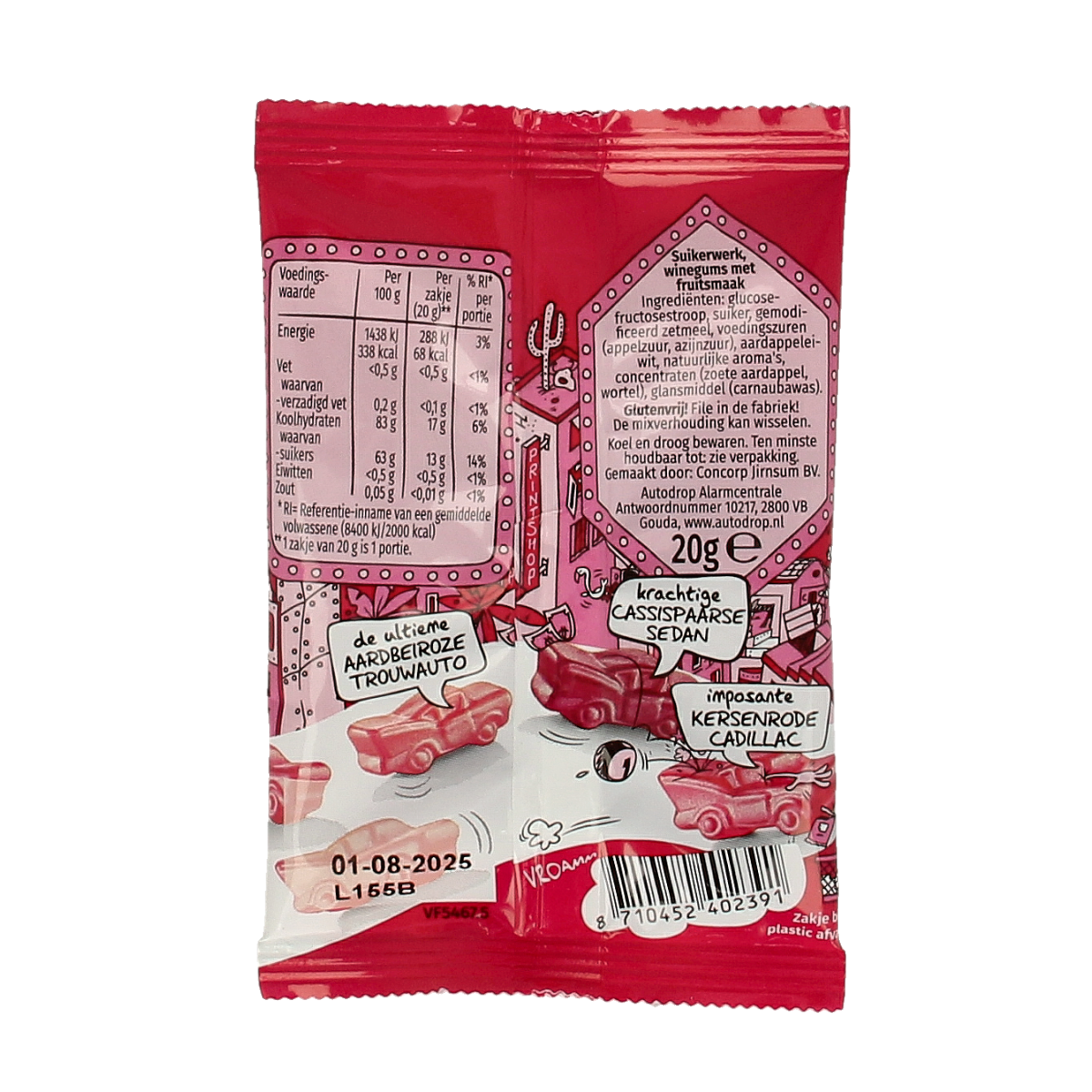Autodrop Cadillacs vegan candy, 20 grams, colorful sugar-coated sweets in a clear bag.