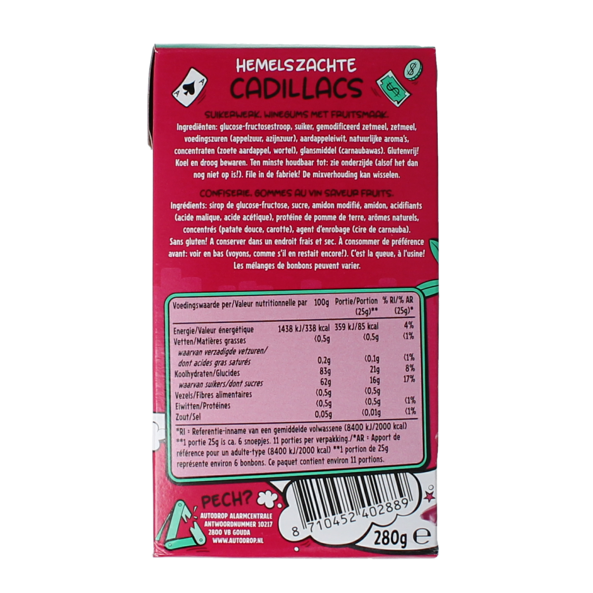 Autodrop Cadillacs vegan candy in 280g package, colorful assorted sweets with fruity flavors and smooth caramel texture.
