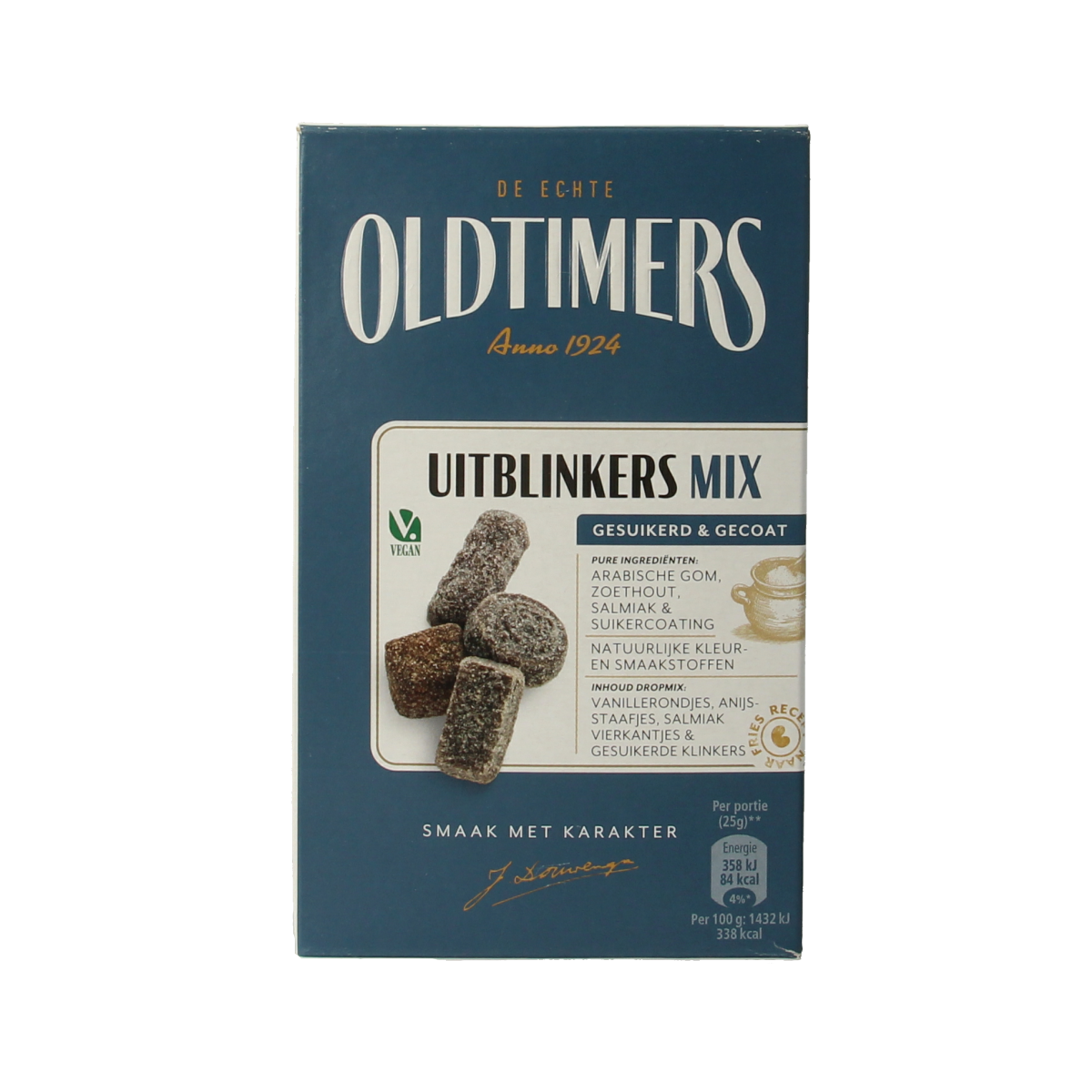Oldtimers Uitblinkers mix snoepgoed in 235g bag with colorful, chewy candies and soft caramel pieces.