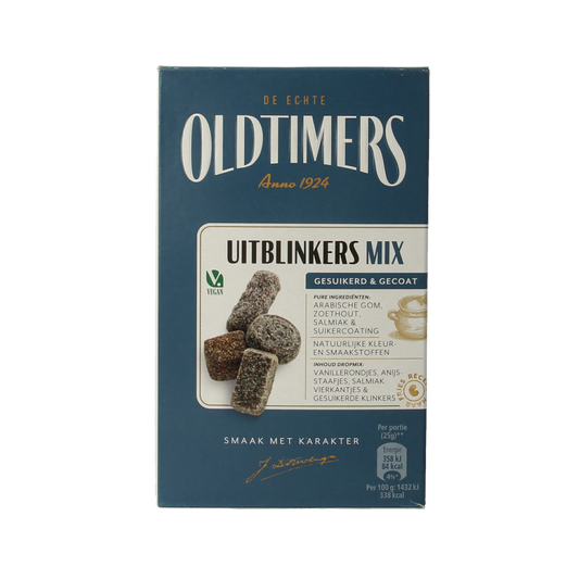 Oldtimers Uitblinkers mix snoepgoed in 235g bag with colorful, chewy candies and soft caramel pieces.