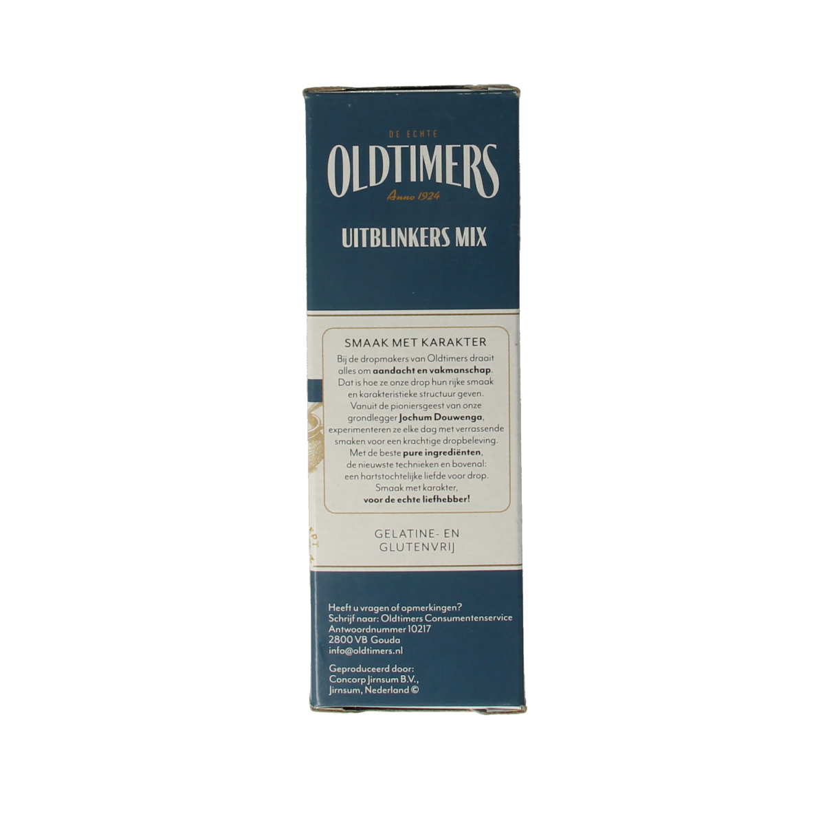 Oldtimers Uitblinkers mix in a 235g bag, colorful assortment of classic Dutch chewy candies, shown in a clear package.