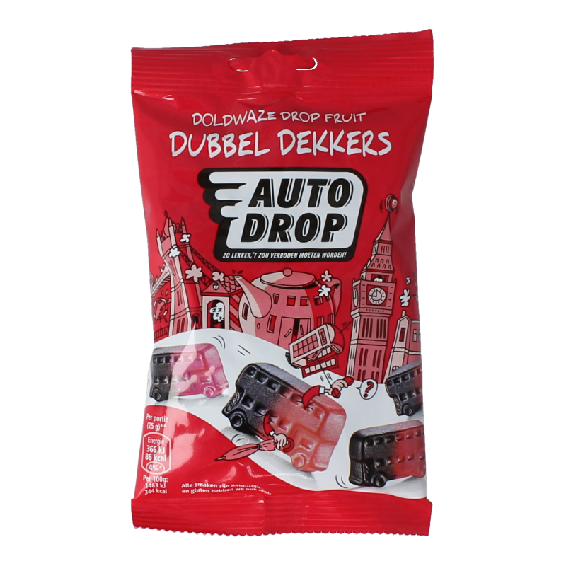 Autodrop Dubbeldekkers 85g snoepgoed, colorful chocolate-covered caramel candies in a clear bag.