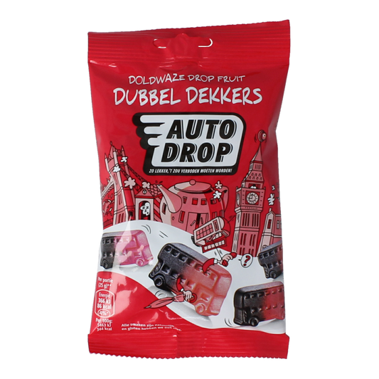 Autodrop Dubbeldekkers 85g snoepgoed, colorful chocolate-covered caramel candies in a clear bag.