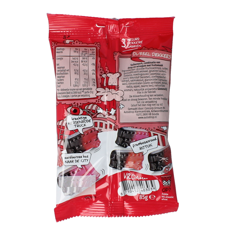 Autodrop Dubbeldekkers 85g snoepgoed, colorful chocolate-covered candies in a clear bag, branded Autodrop.