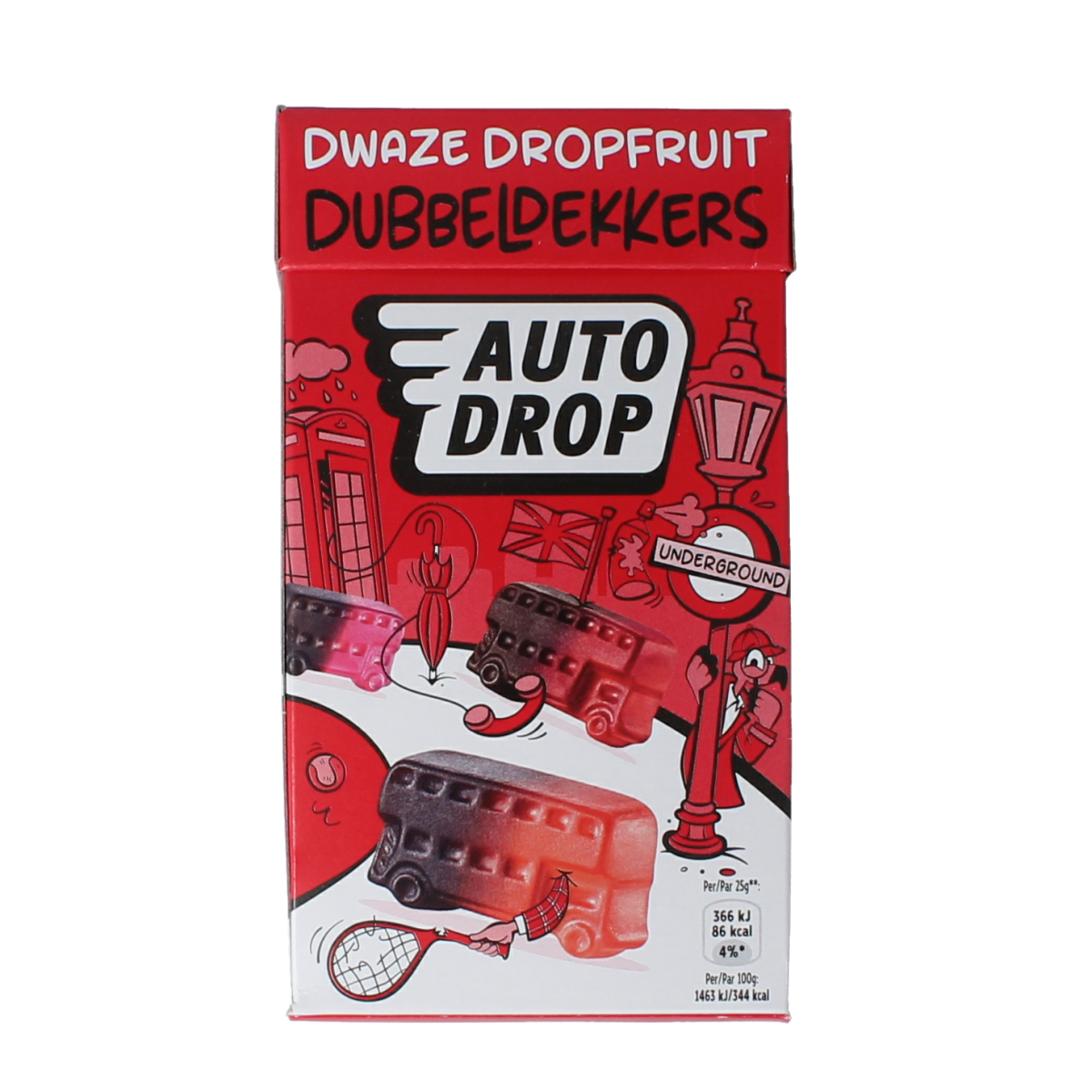 Autodrop Dubbeldekkers snoepgoed in 280g package, colorful chocolate-coated candies in a clear bag.