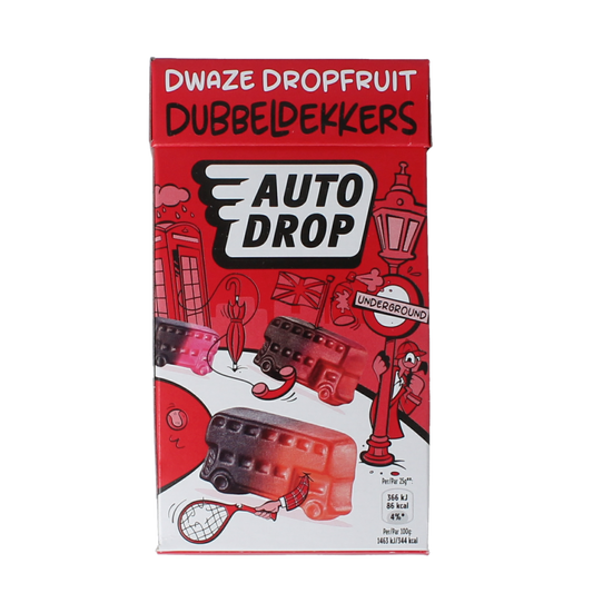 Autodrop Dubbeldekkers snoepgoed in 280g package, colorful chocolate-coated candies in a clear bag.