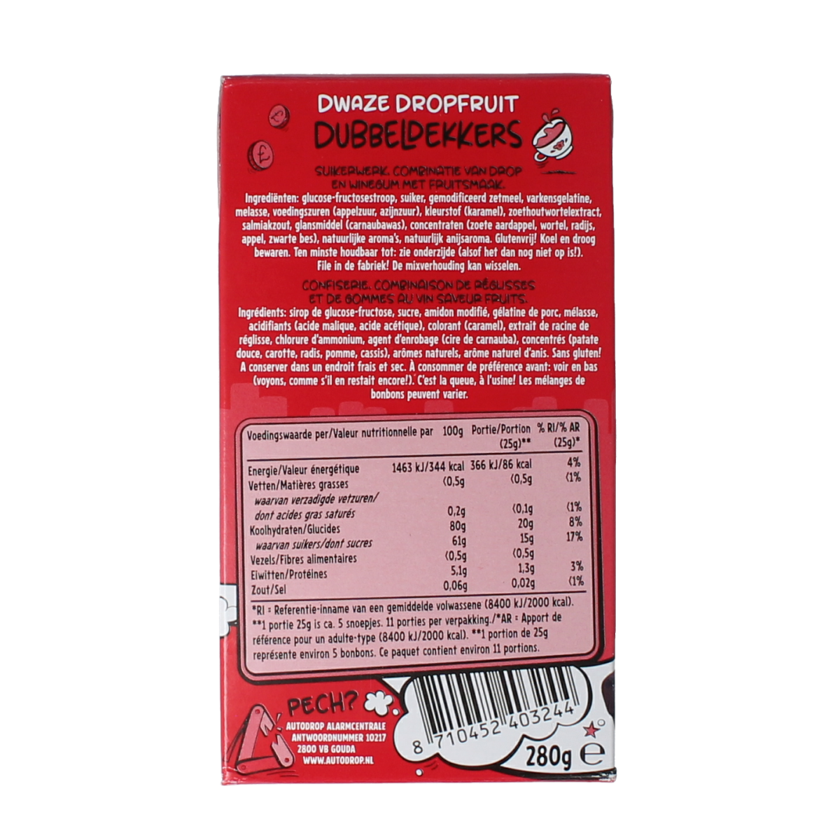 Autodrop Dubbeldekkers 280g box of colorful Dutch candy with chocolate and caramel layers, in a bright packaging.