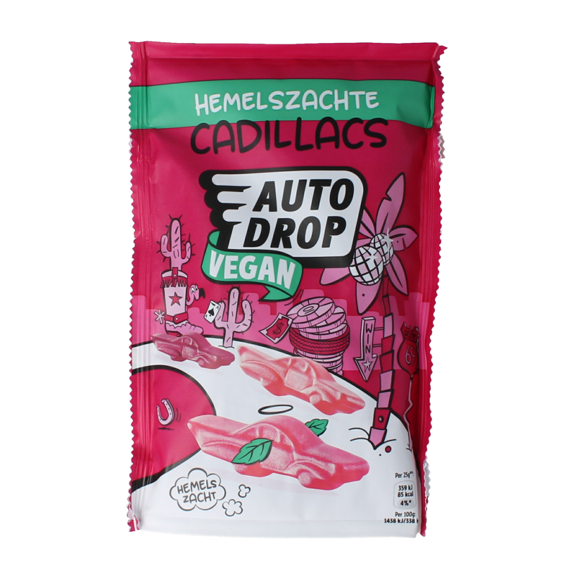 Autodrop Cadillacs hemelszacht vegan snoepgoed in 150 gram, colorful chewy candies with fruity flavors.