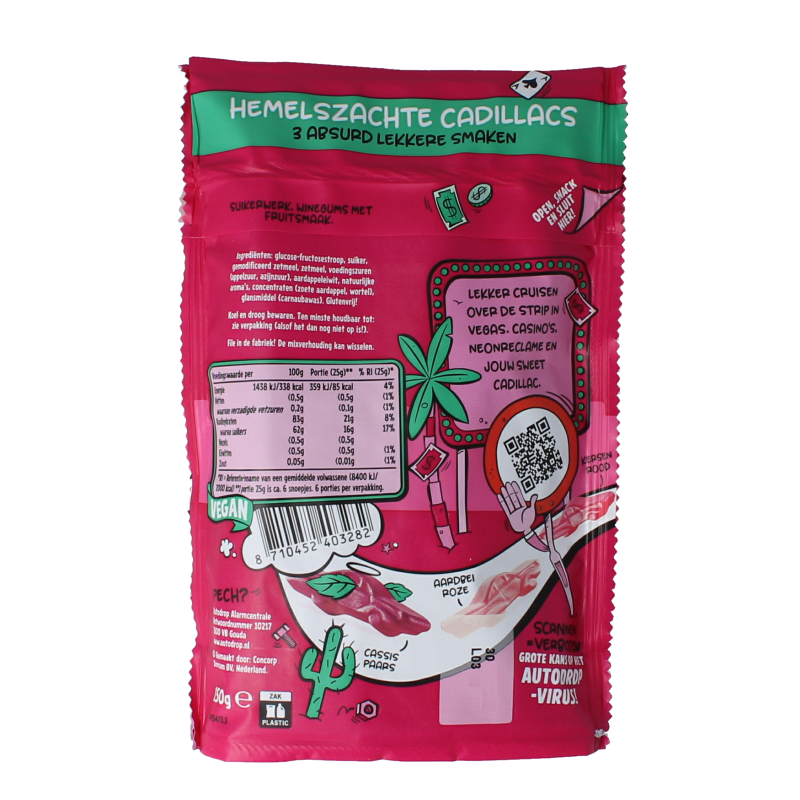Autodrop Cadillacs hemelszacht vegan snoepgoed in 150g, soft and colorful candies with fruity flavors.