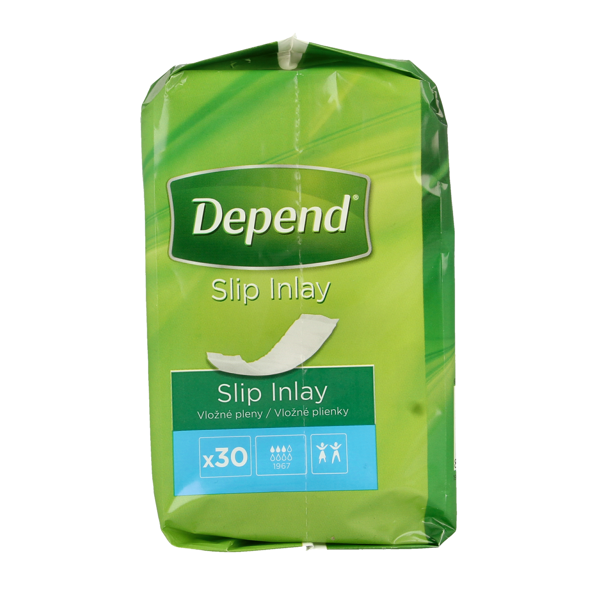 Depend Inlay Maxi incontinent pad in size 1967, shown in a pack of 30, designed for discreet and reliable protection.