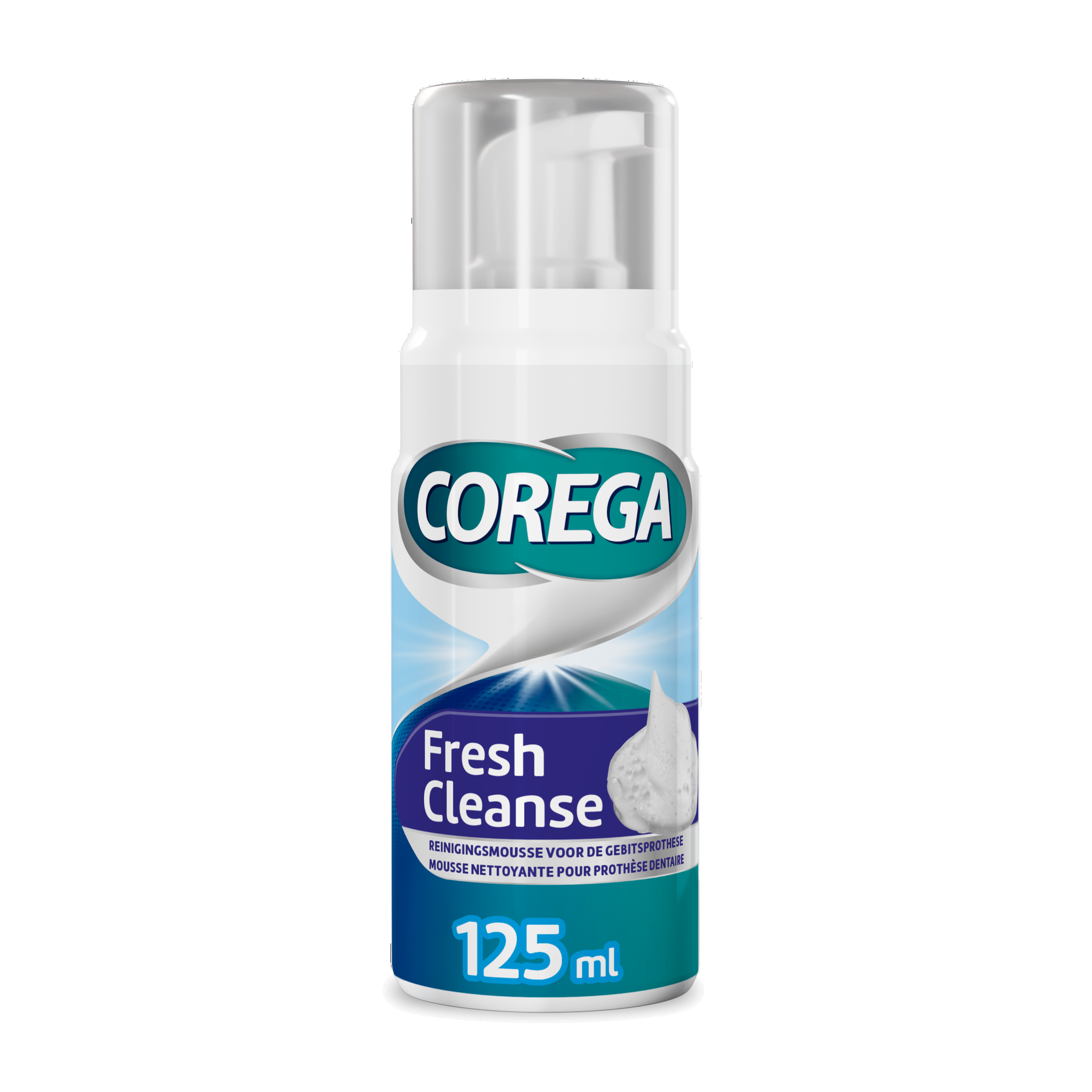 Corega Fresh cleanse mousse for dentures, 125ml bottle, with a pump dispenser, designed for cleaning prostheses.