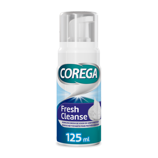 Corega Fresh cleanse mousse for dentures, 125ml bottle, with a pump dispenser, designed for cleaning prostheses.
