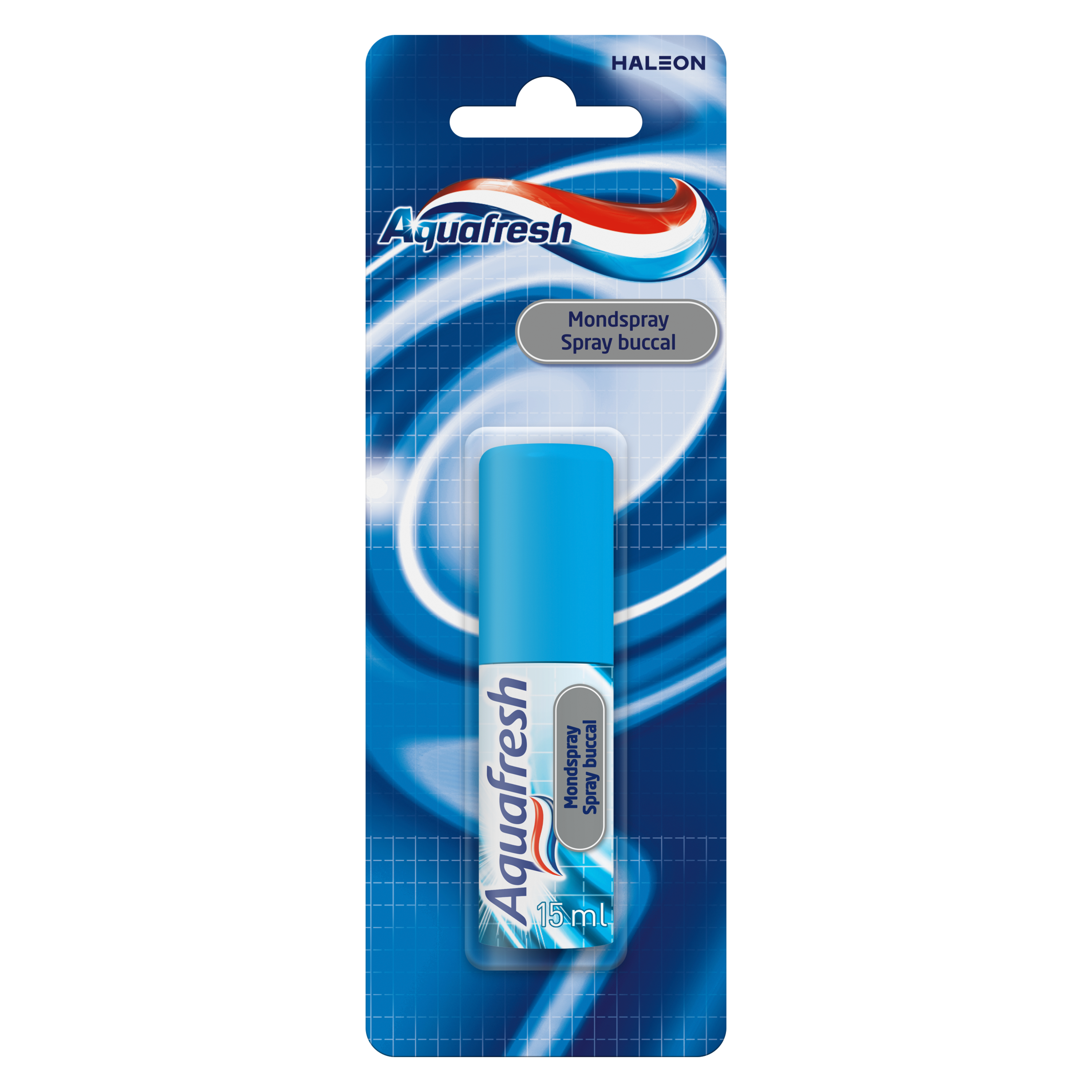 Aquafresh Mondhygiëne en Poetscontrole spray in 15ml bottle, dental hygiene product with Aquafresh branding.