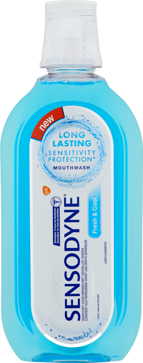 Sensodyne Cool Mint mouthwash in a 500ml bottle, soothing and freshening breath, part of Sensodyne's oral care range.