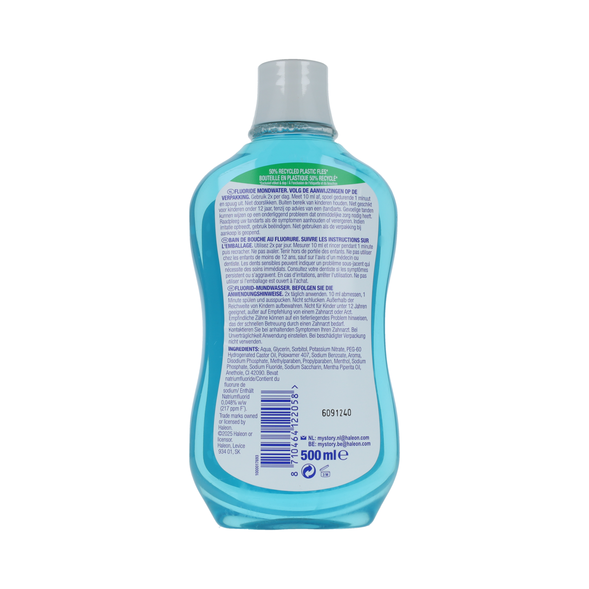 Sensodyne Mondwater Cool Mint 500ml bottle, soothing mouth rinse for sensitive teeth, with fresh mint flavor.