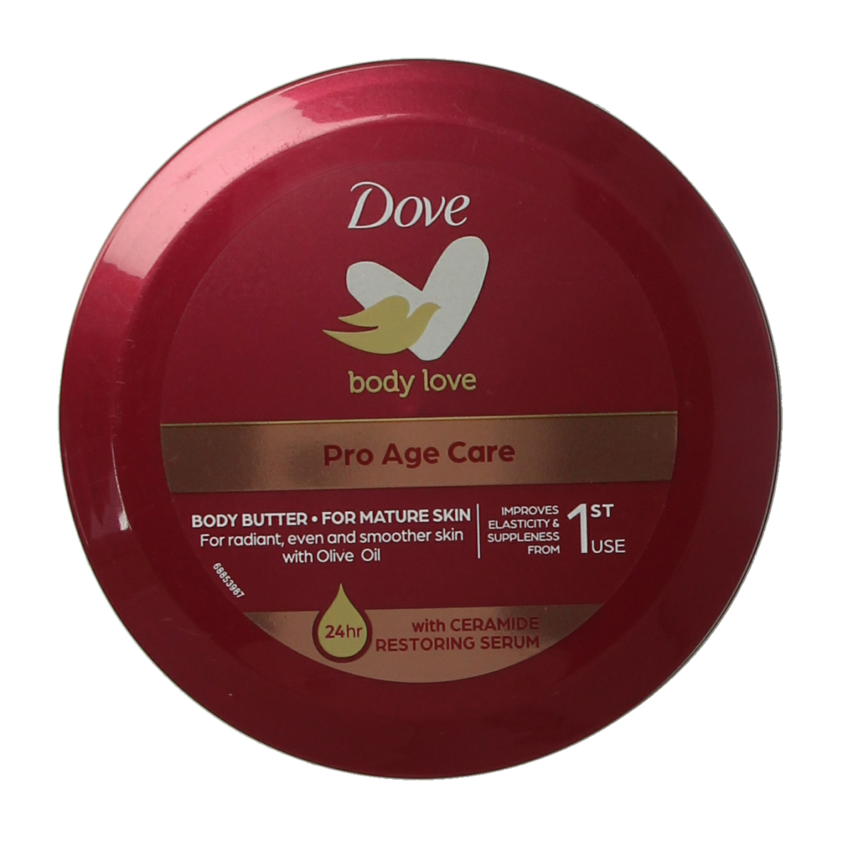 Dove Pro Age Body Butter in a 250ml jar, creamy moisturizer for skin nourishment and hydration.