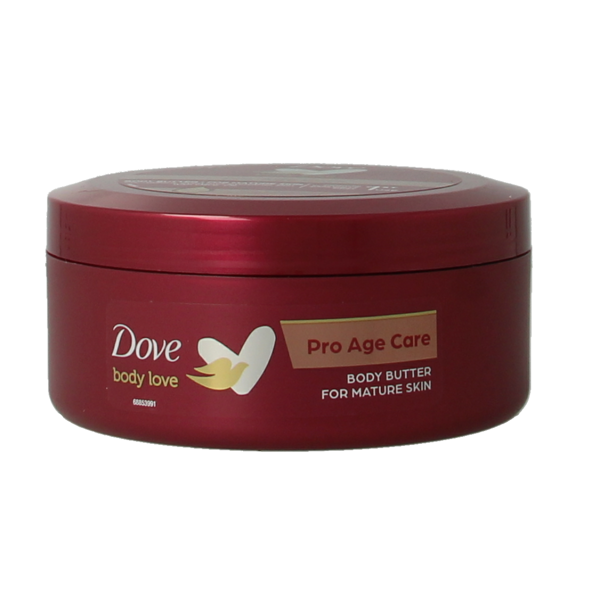 Dove Pro Age Body Butter 250ml, nourishing body moisturizer in a white jar with a blue lid, designed for mature skin care.