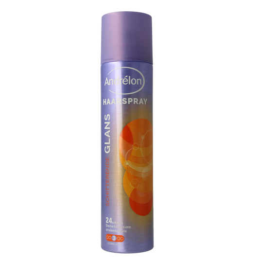 Andrelon Haarspray glans, 250ml, a hair styling spray with a shiny finish, in a clear bottle with a spray nozzle.