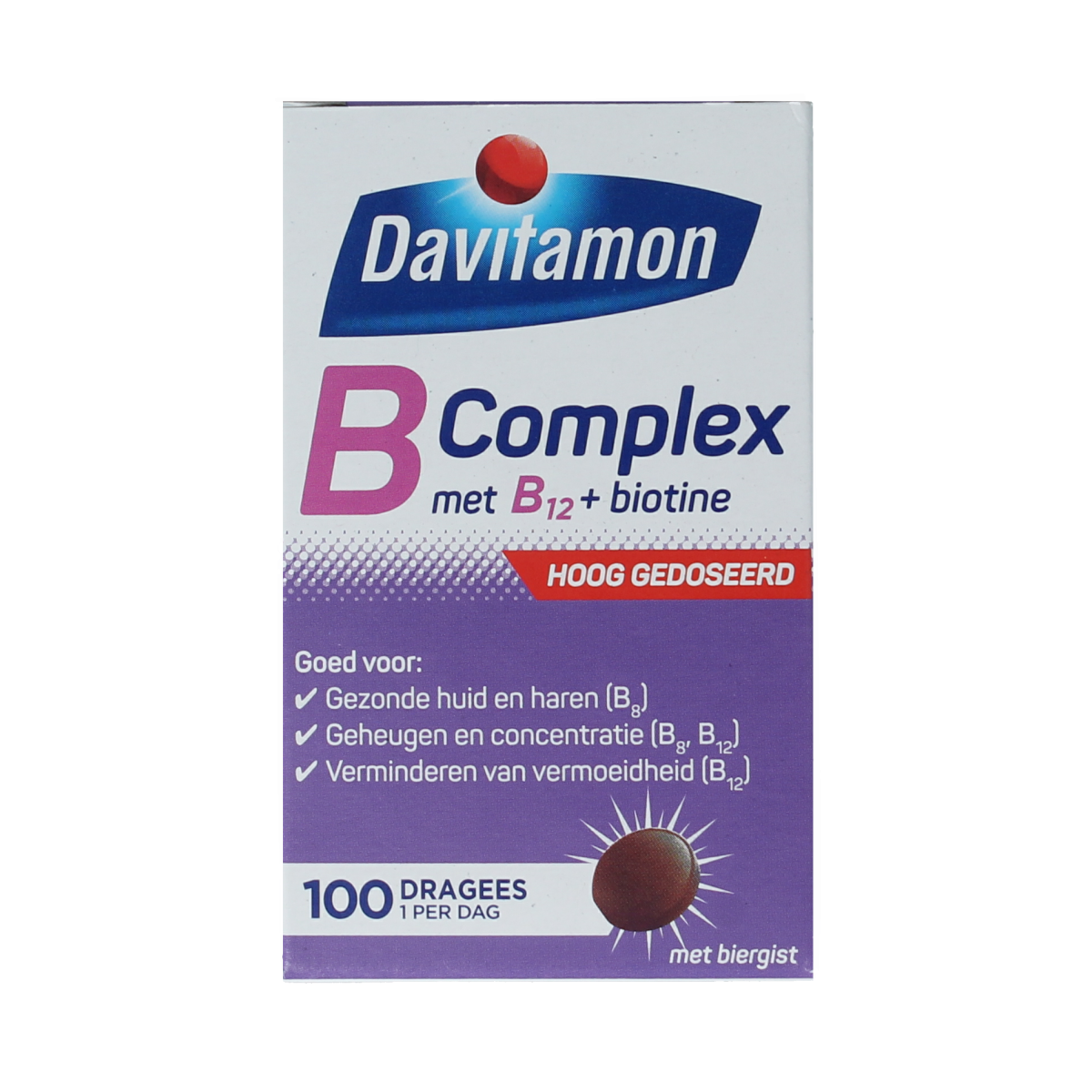 Davitamon Vitamine B Complex Forte 100 dragees, dietary multivitamin supplement with B vitamins, in a blister pack.