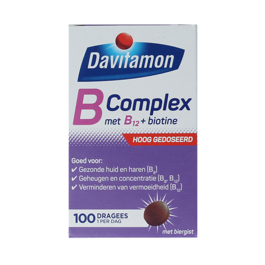 Davitamon Vitamine B Complex Forte 100 dragees, dietary multivitamin supplement with B vitamins, in a blister pack.