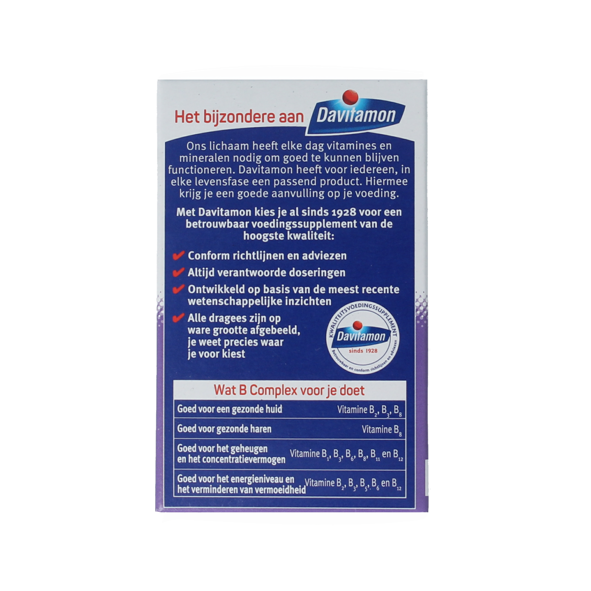 Davitamon Vitamin B Complex Forte 100 dragees, multi-vitamin supplement with B vitamins in a blister pack.