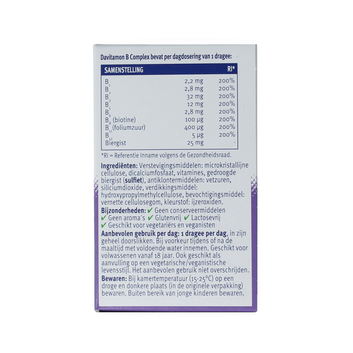 Davitamon Vitamin B Complex Forte 100 dragees, colorful multi-vitamin supplement in blister pack, designed for daily nutritional support.