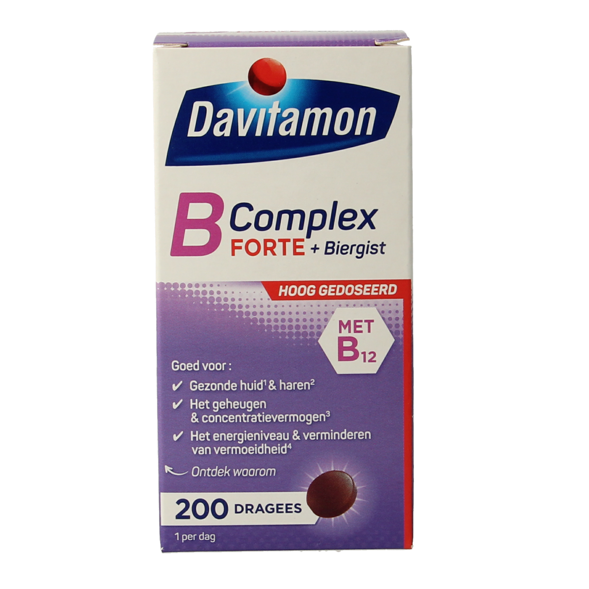 Davitamon Vitamin B Complex Forte 200 dragees, multi-vitamin supplement with B vitamins in a blister pack.